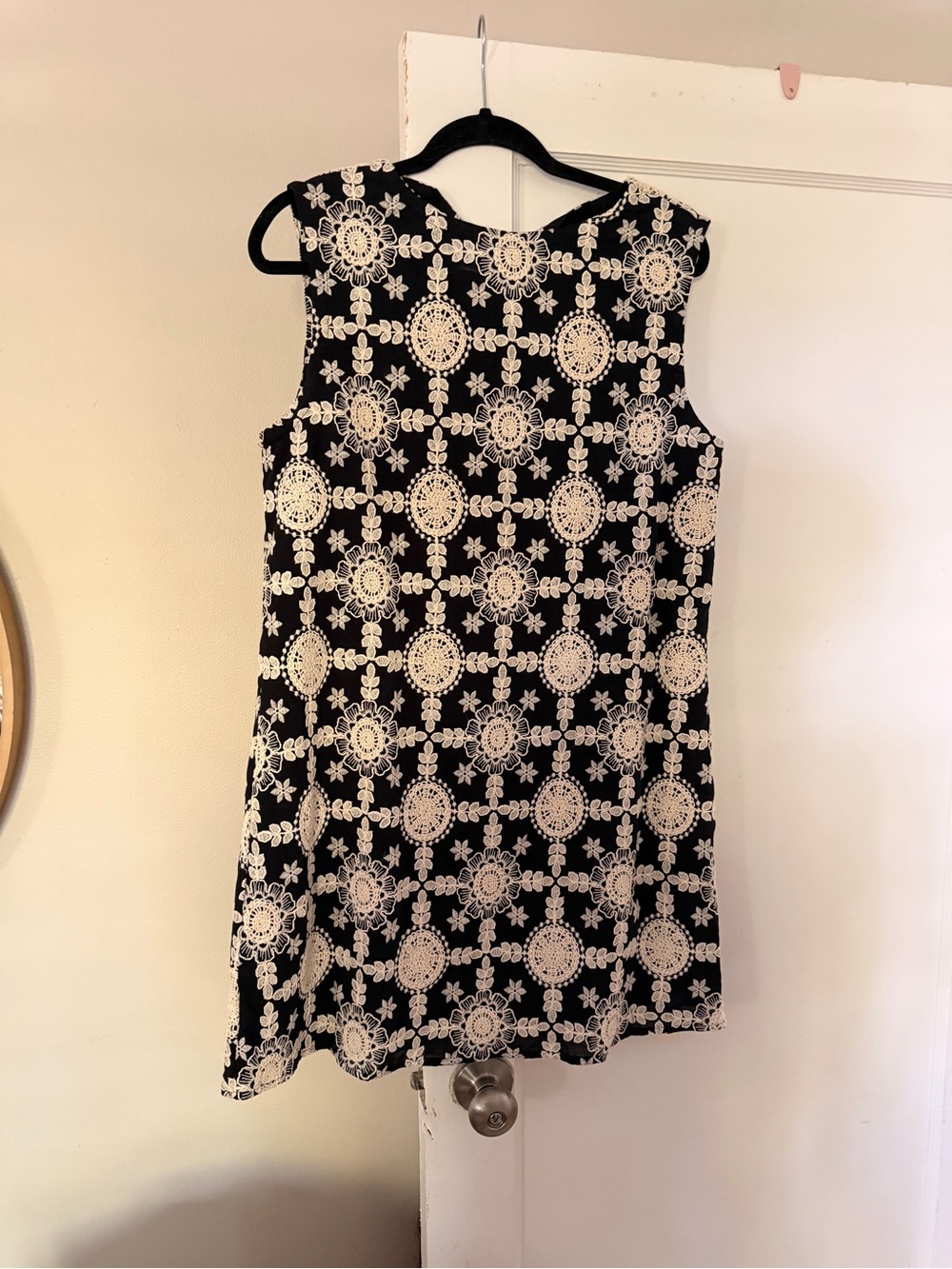 Commense Black Shift Dress with White Lace Medallion Print